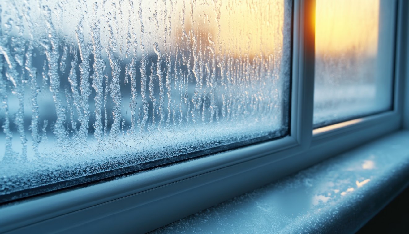 stunning closeup frosty windowpane with delicate ice crystals condensation winter
